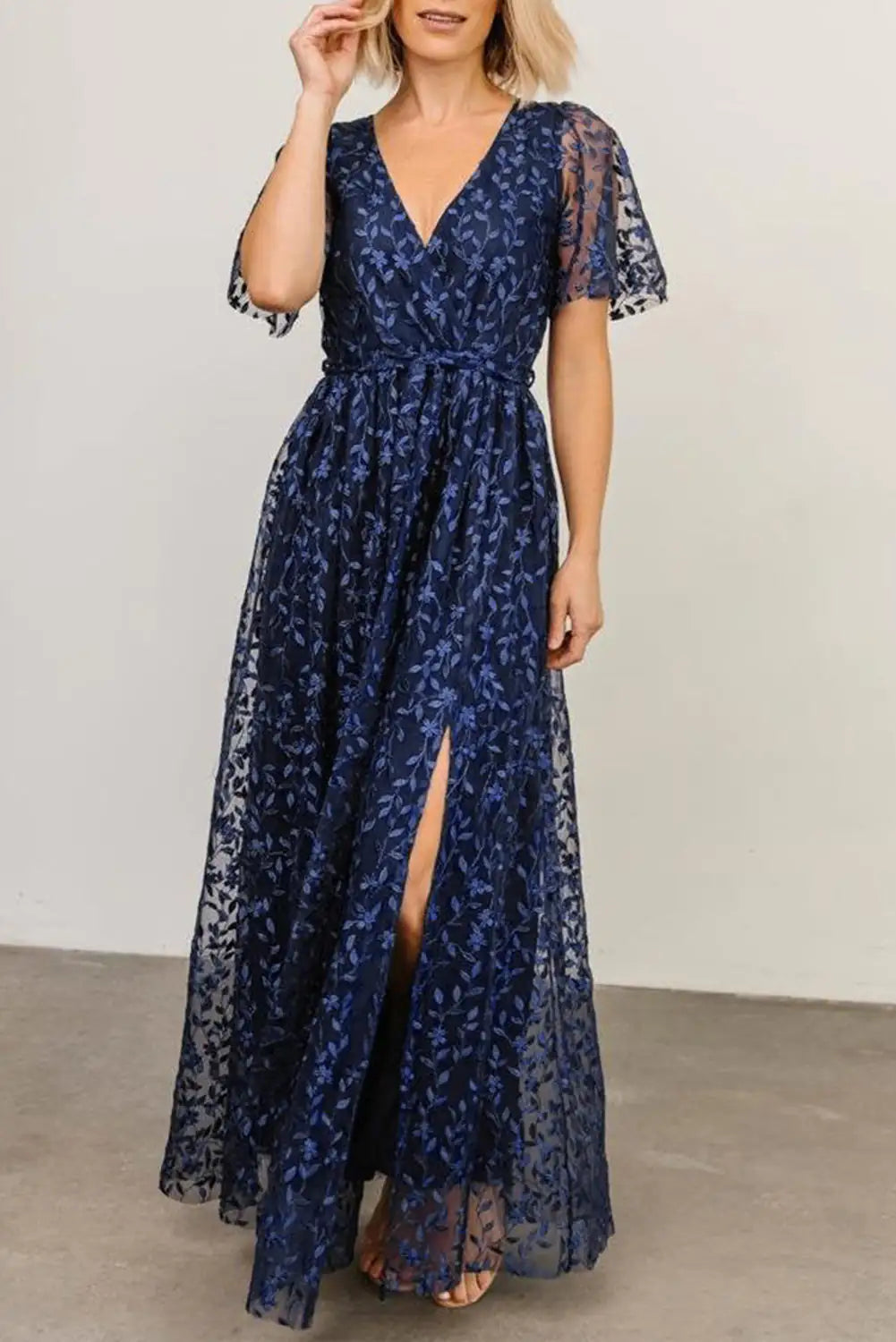 Embossed Wrap V Neck Maxi Dress