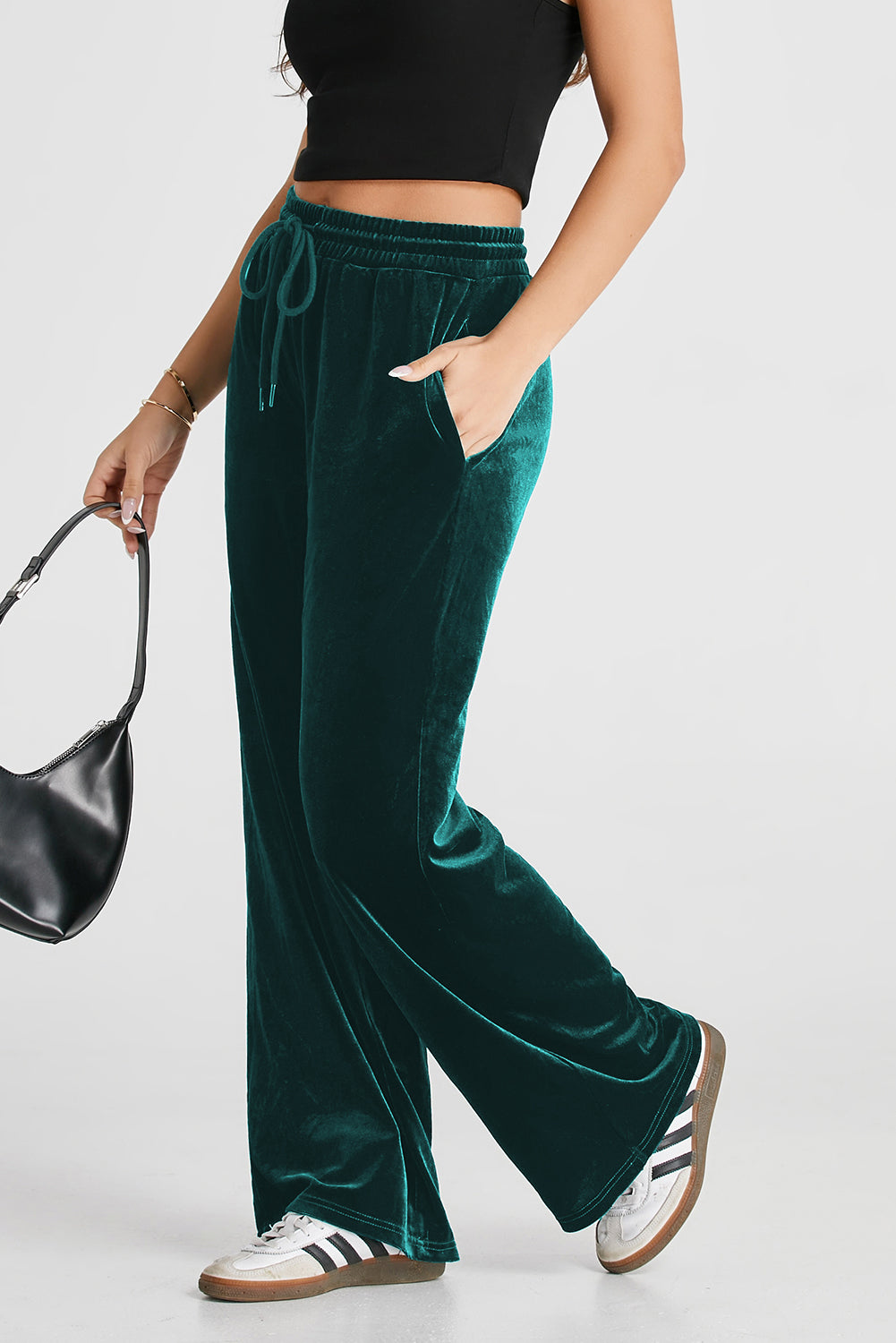 Velvet Drawstring Waist Wide Leg Pants