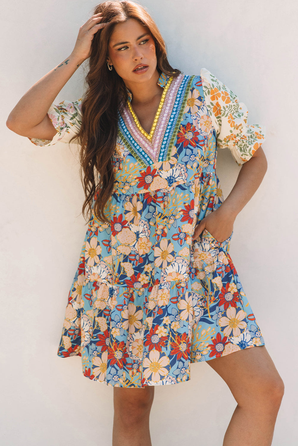 Boho Floral Print Crochet Patchwork Dress