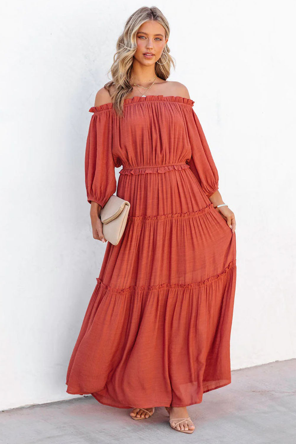 Bare Shoulder Balloon Sleeve Cutout Ruffled Maxi Dress