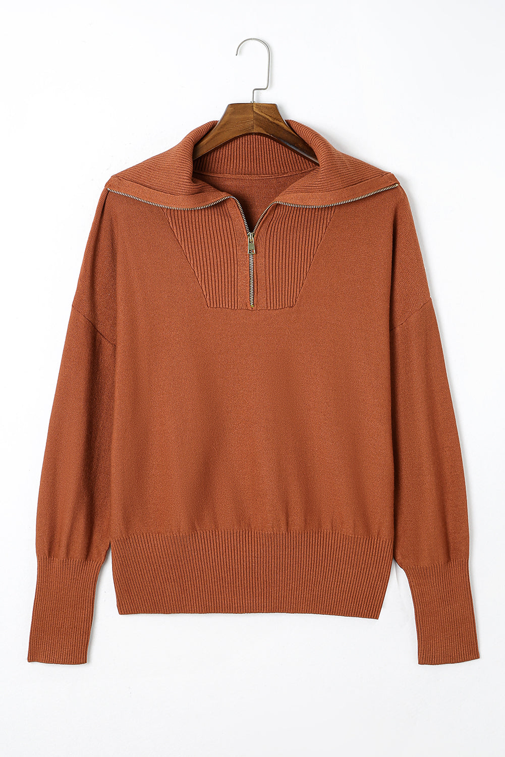 Rose Solid Ribbed Trim Plus Size Zip Collar Sweater