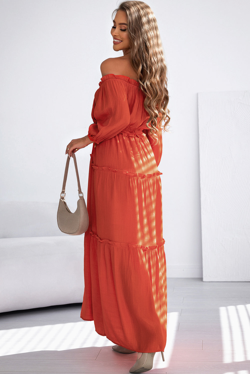 Bare Shoulder Balloon Sleeve Cutout Ruffled Maxi Dress