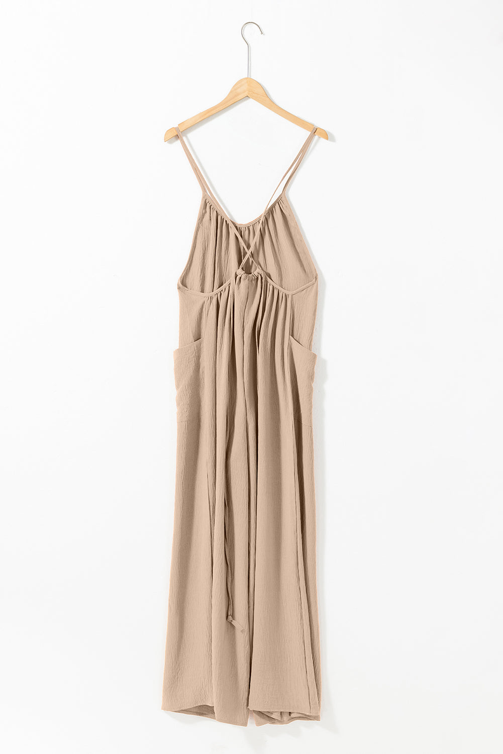 Chestnut Spaghetti Straps Waist Tie Wide Leg Jumpsuit with Pockets
