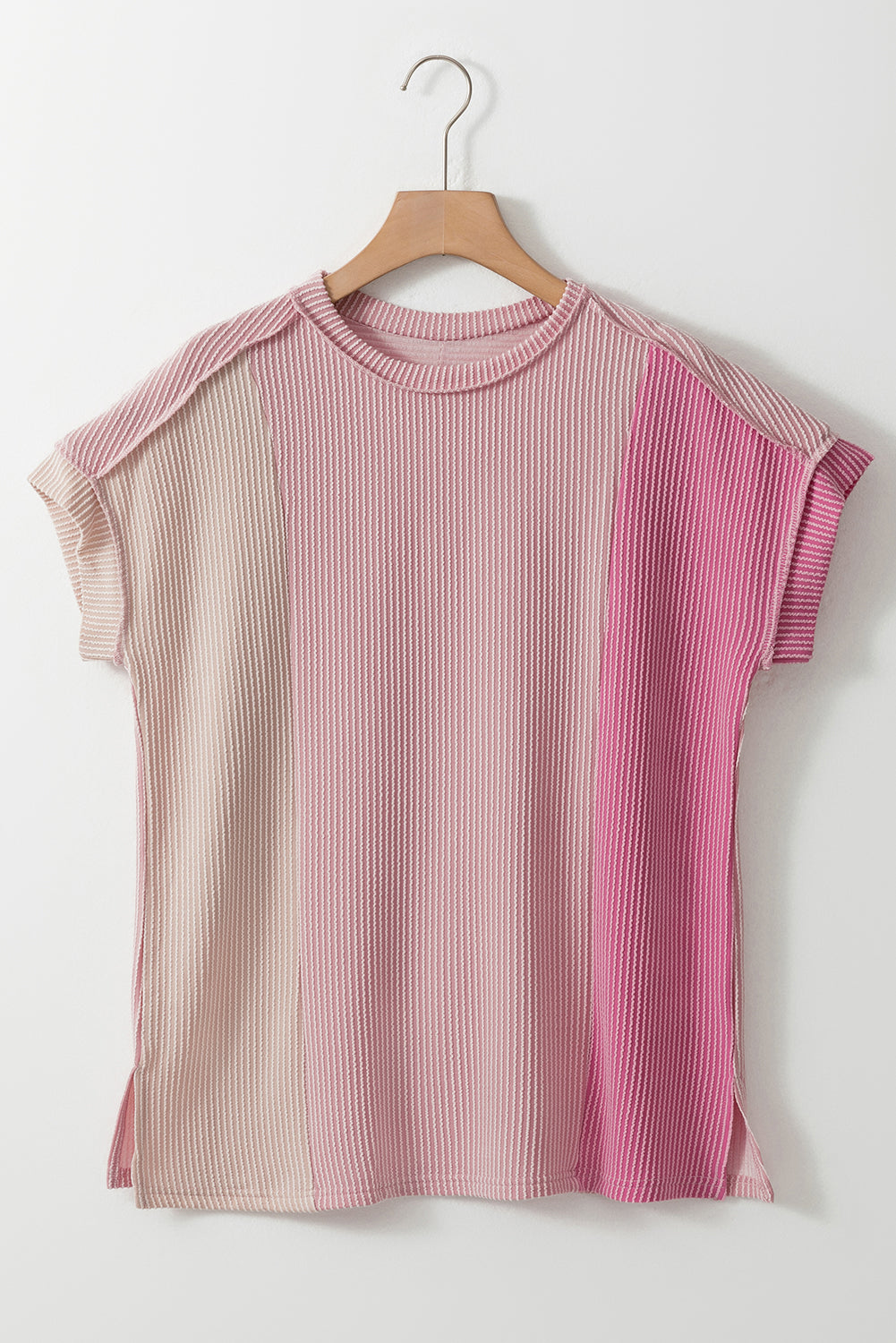 Apricot Pink Textured Colorblock Crew Neck T Shirt