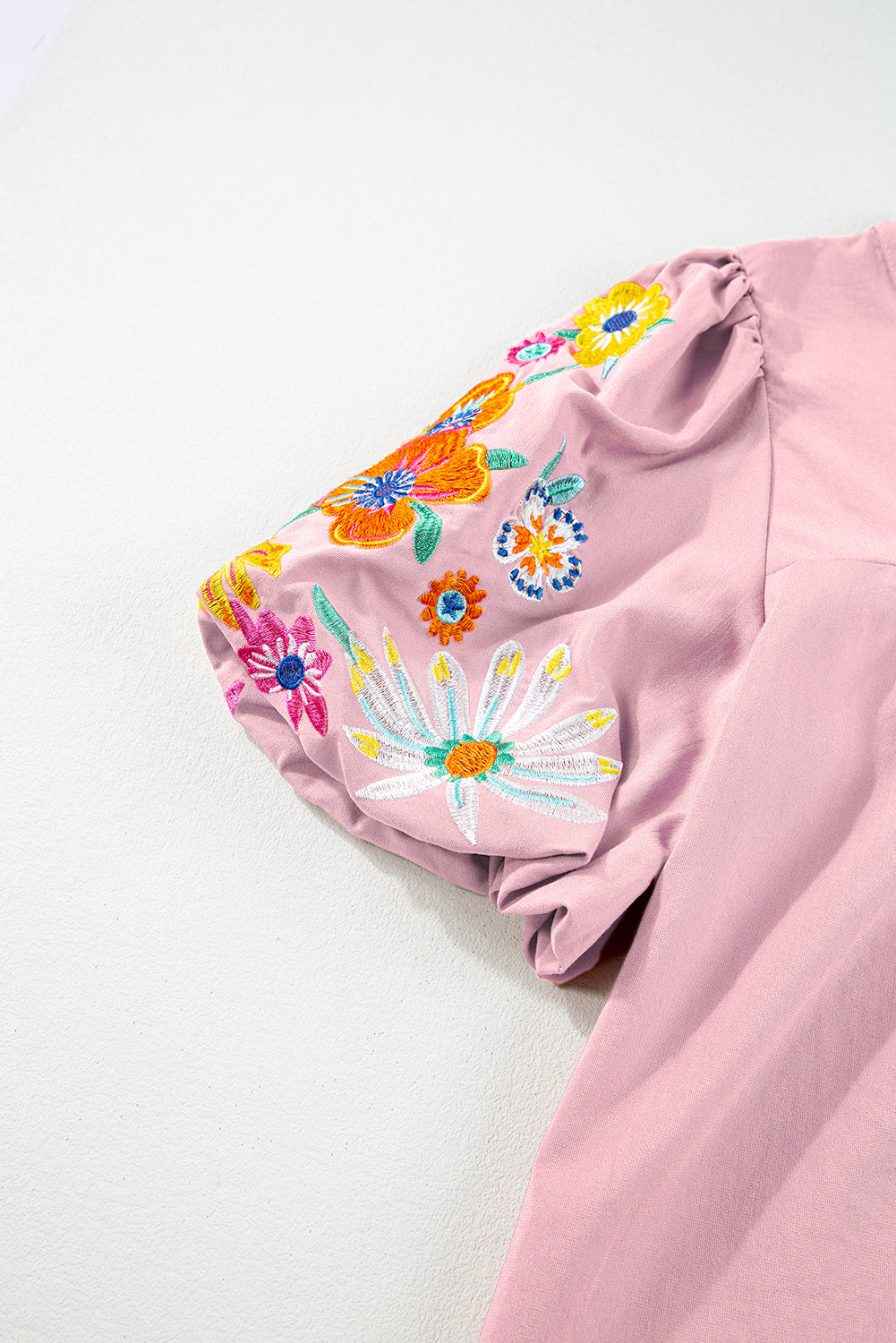 Black Floral Embroidered Puff Sleeve Split Neck Blouse