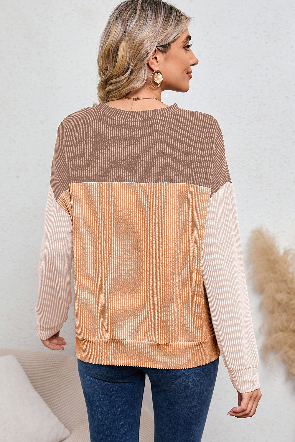 Color Block Ribbed Loose Long Sleeve Top