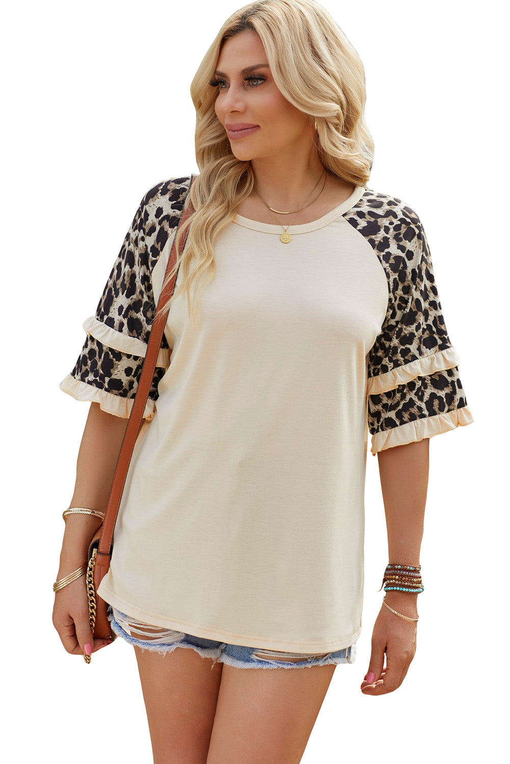 Cheetah Print Tiered Half Sleeve Jewel Neckline Blouse