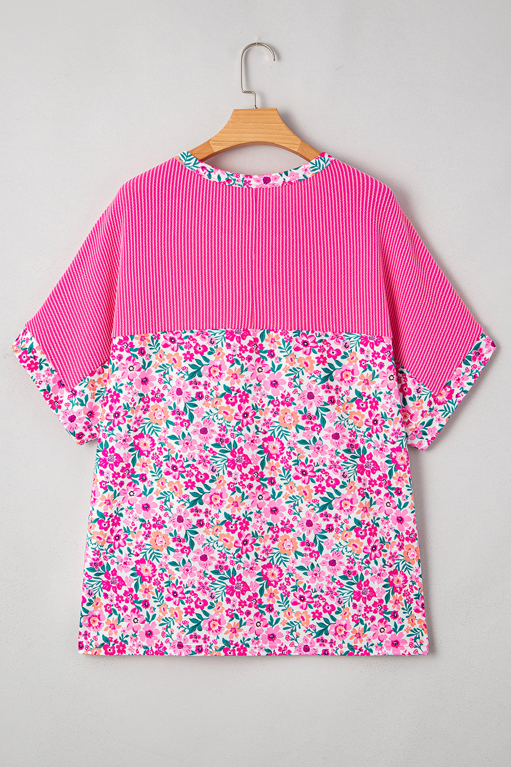 Pink Floral Print Corded Patchwork Loose Top