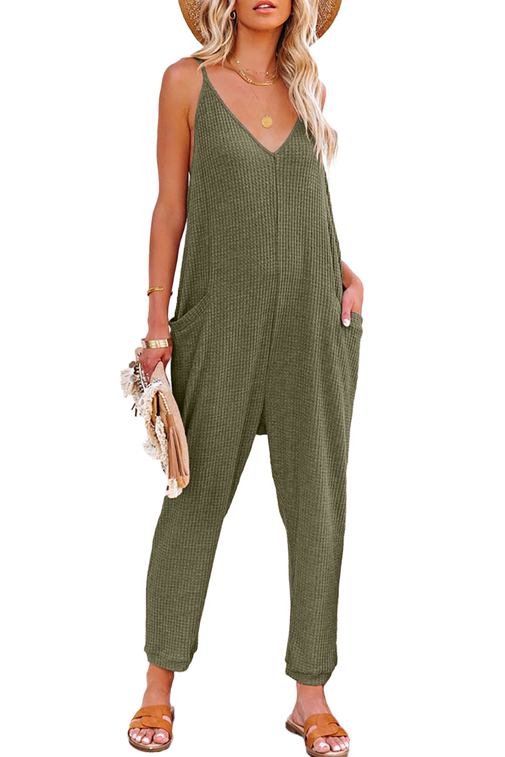 Gray Textured Sleeveless V-Neck Pocketed Casual Jumpsuit