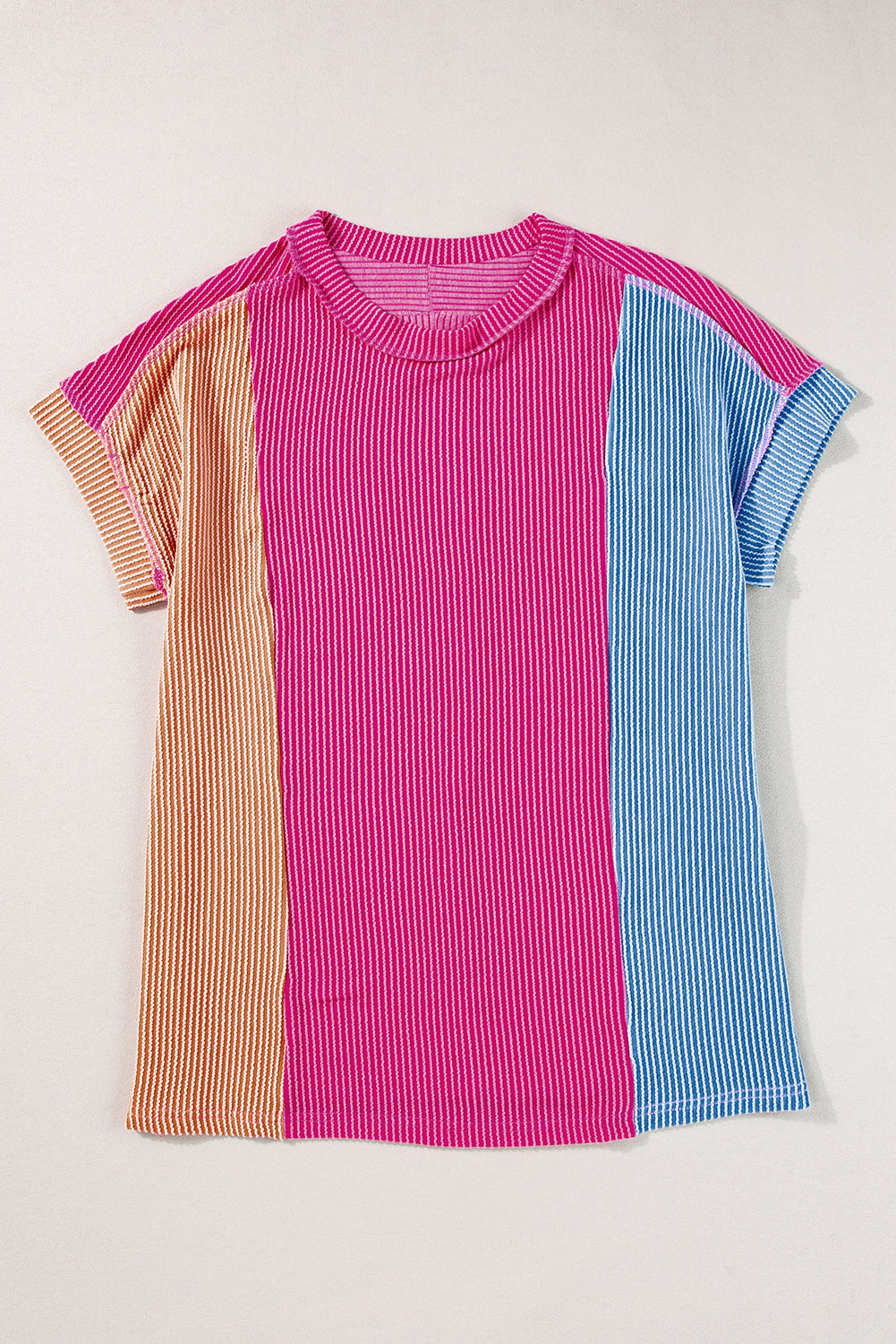 Apricot Pink Textured Colorblock Crew Neck T Shirt
