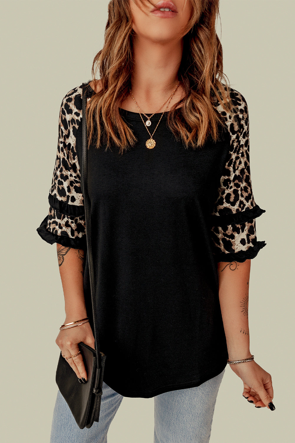 Cheetah Print Tiered Half Sleeve Jewel Neckline Blouse