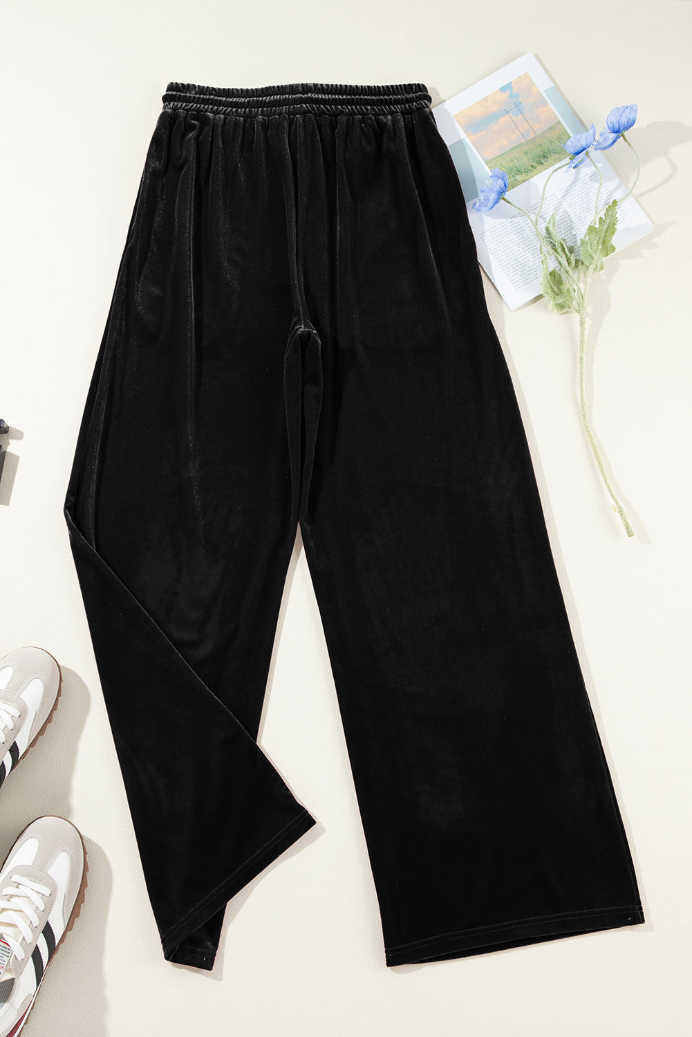 Velvet Drawstring Waist Wide Leg Pants