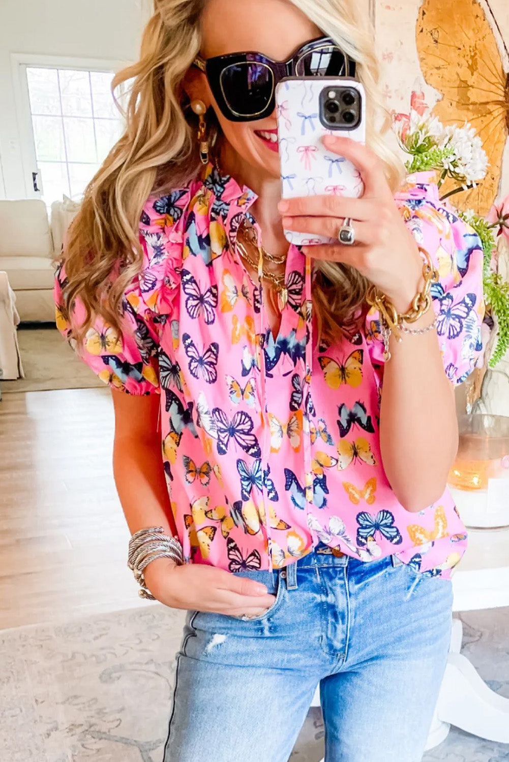 Butterfly Print Frill V Neck Puff Sleeve Blouse