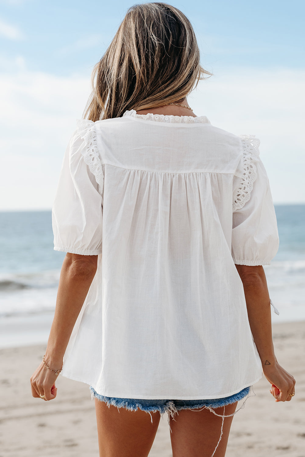 Mist Blue Embroidered Lace Patchwork Tie Neck Puff Short Sleeve Blouse
