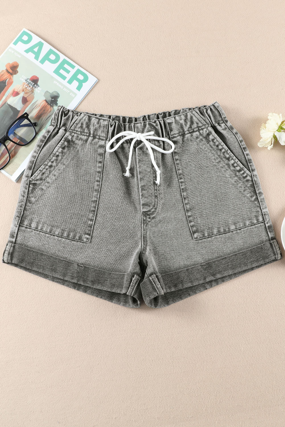 Pocketed Drawstring High Waist Denim Shorts
