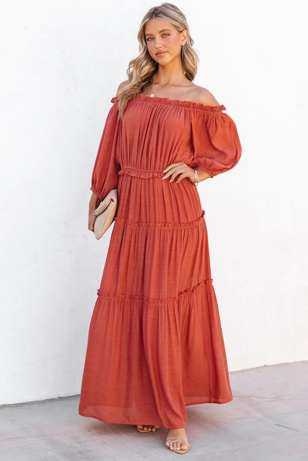 Bare Shoulder Balloon Sleeve Cutout Ruffled Maxi Dress