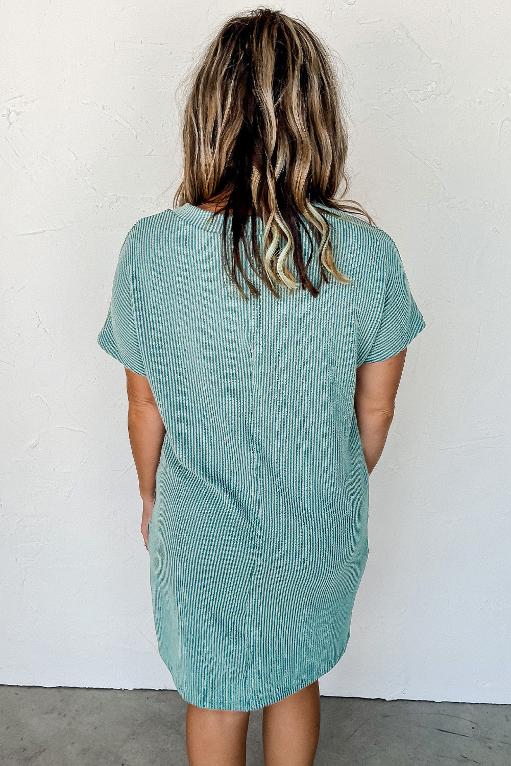 Gray Striped Ribbed Knit T-shirt Shift Dress