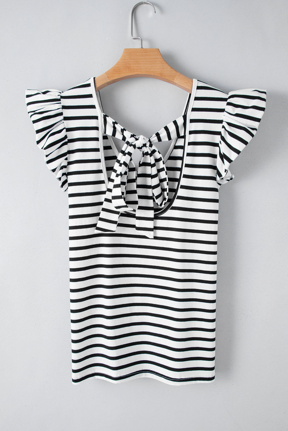 Pink Stripe Butterfly Sleeve V Neck Hollowed Knot Back T Shirt
