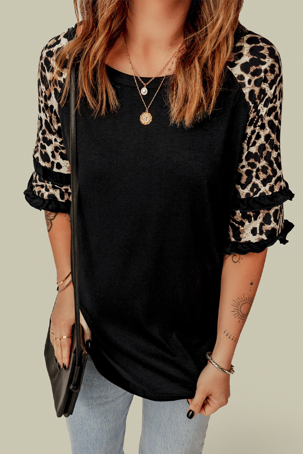 Cheetah Print Tiered Half Sleeve Jewel Neckline Blouse