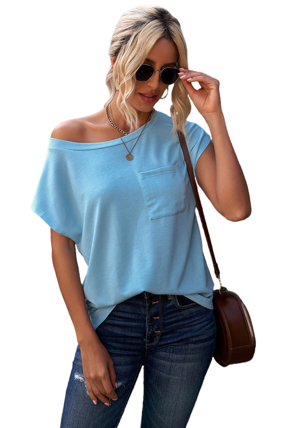Solid Color Short Sleeve Basic T Shirt with Patch Pocket