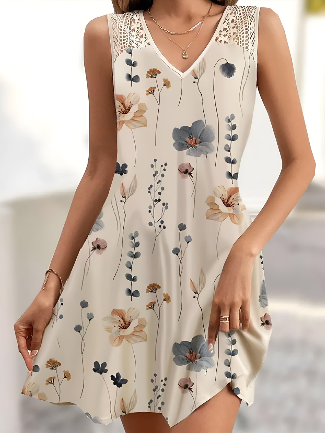 Sweet Floral Printed V-Neck Sleeveless Mini Dress