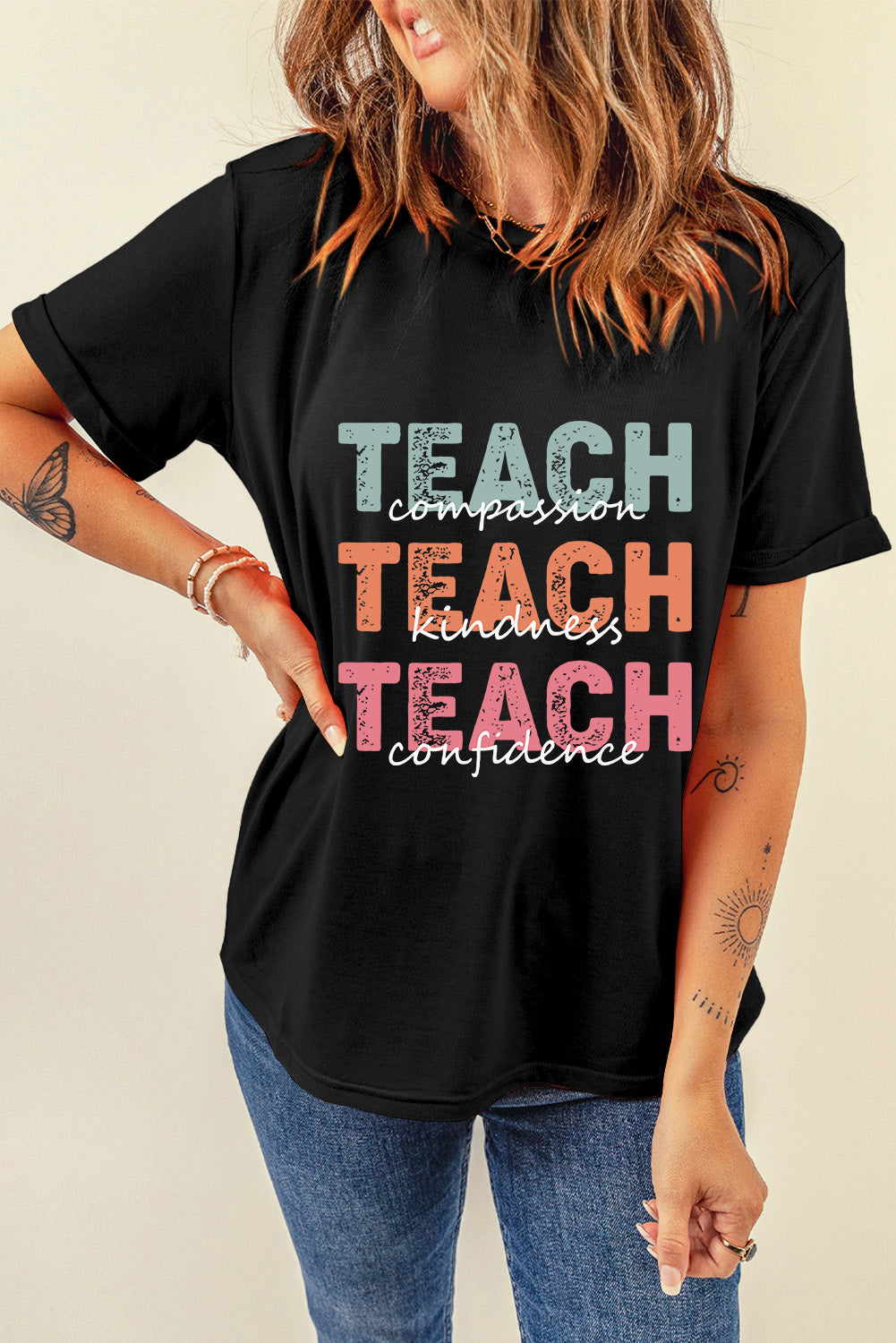 "Teach" Graphic Round Neck Short Sleeve T-Shirt