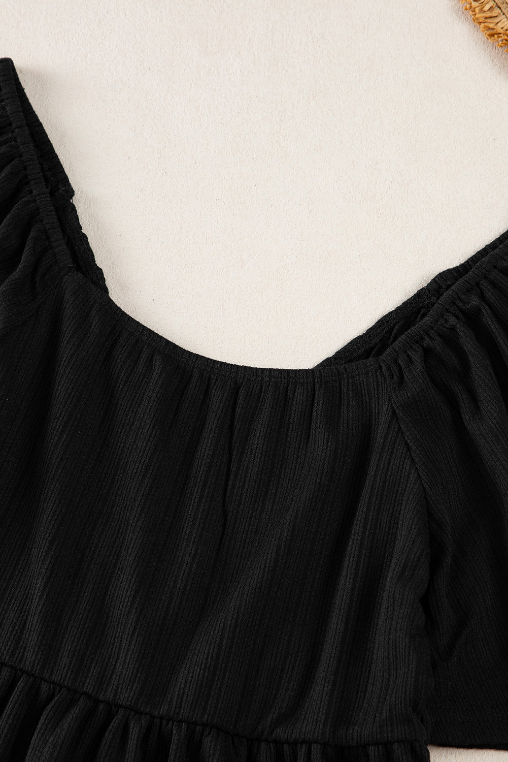 Oatmeal Shirred V Neck Short Flutter Sleeve Textured Blouse