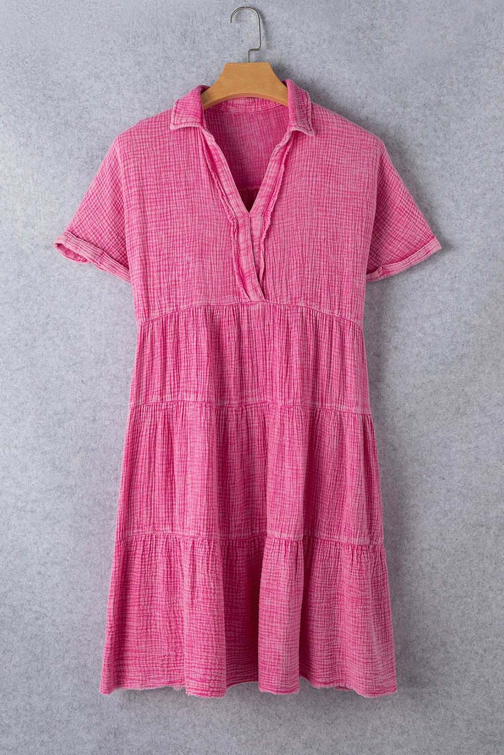 Beau Blue Mineral Wash Crinkle Split Neck Raw Hem Tiered Dress