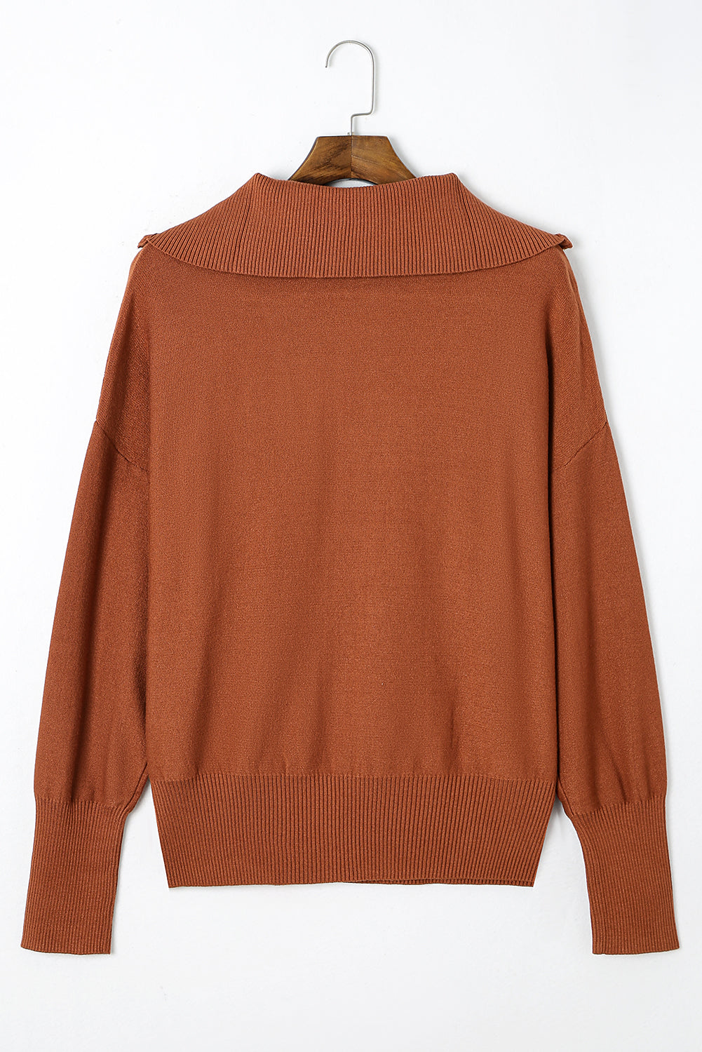Rose Solid Ribbed Trim Plus Size Zip Collar Sweater