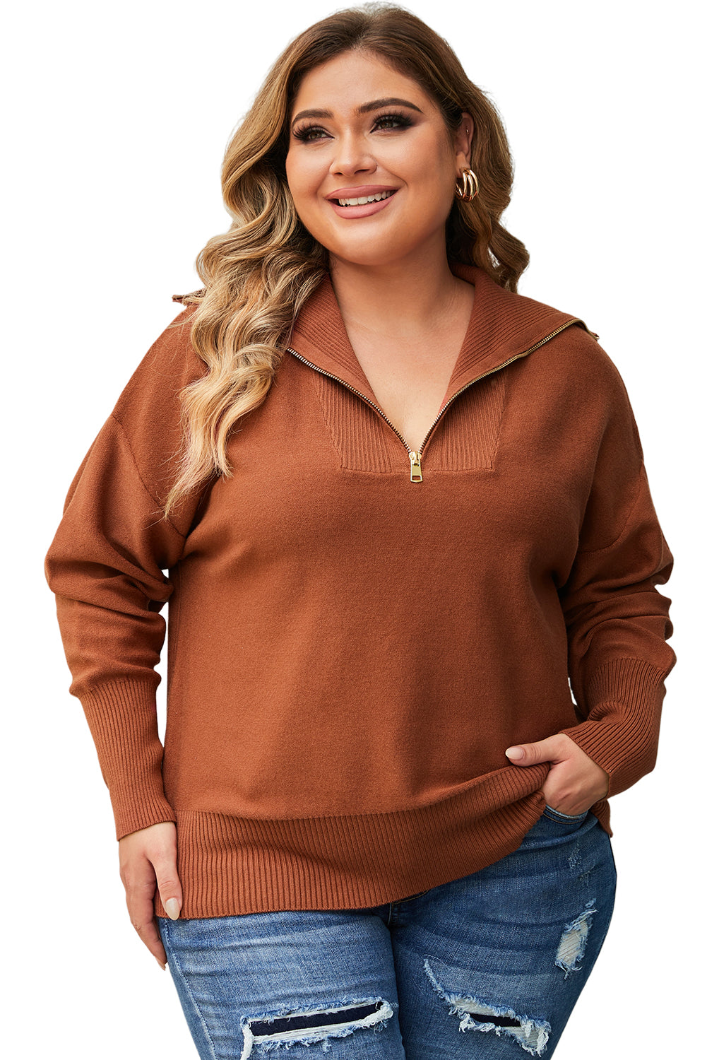Rose Solid Ribbed Trim Plus Size Zip Collar Sweater