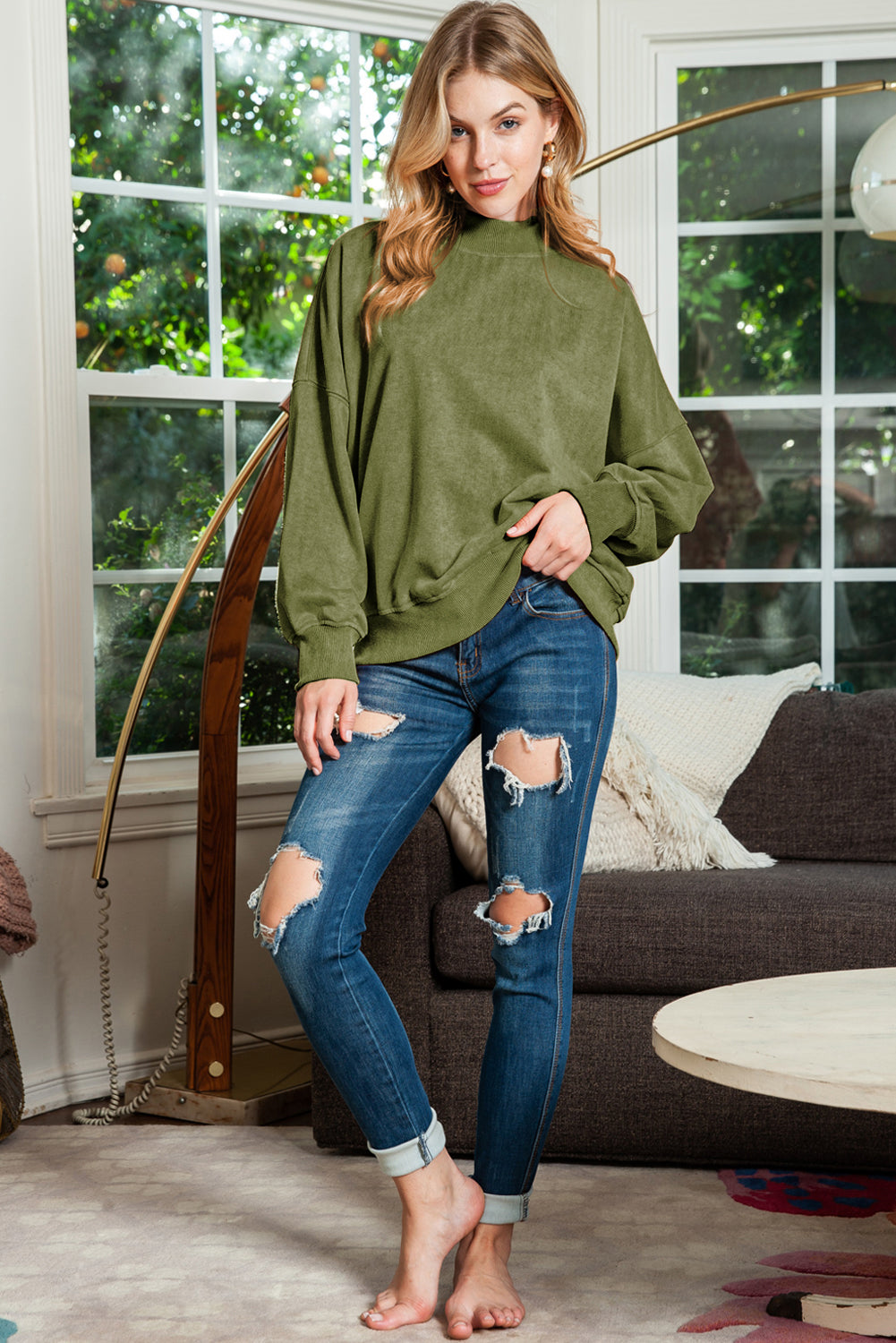 Drop Shoulder Crew Neck Pullover Sweatshirt