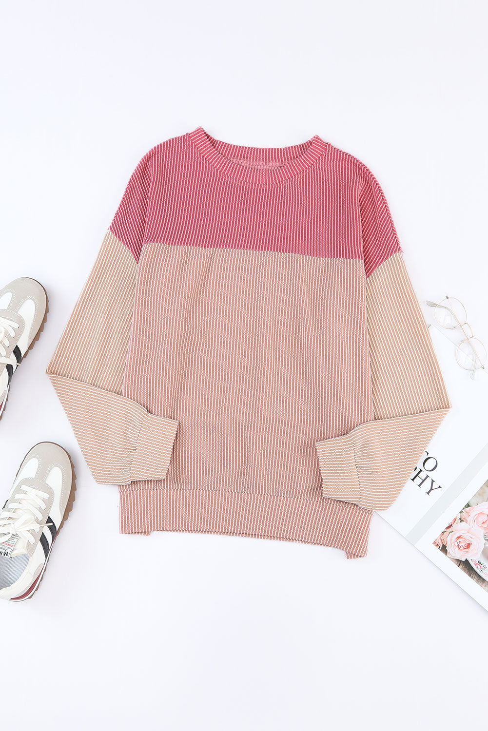 Color Block Ribbed Loose Long Sleeve Top