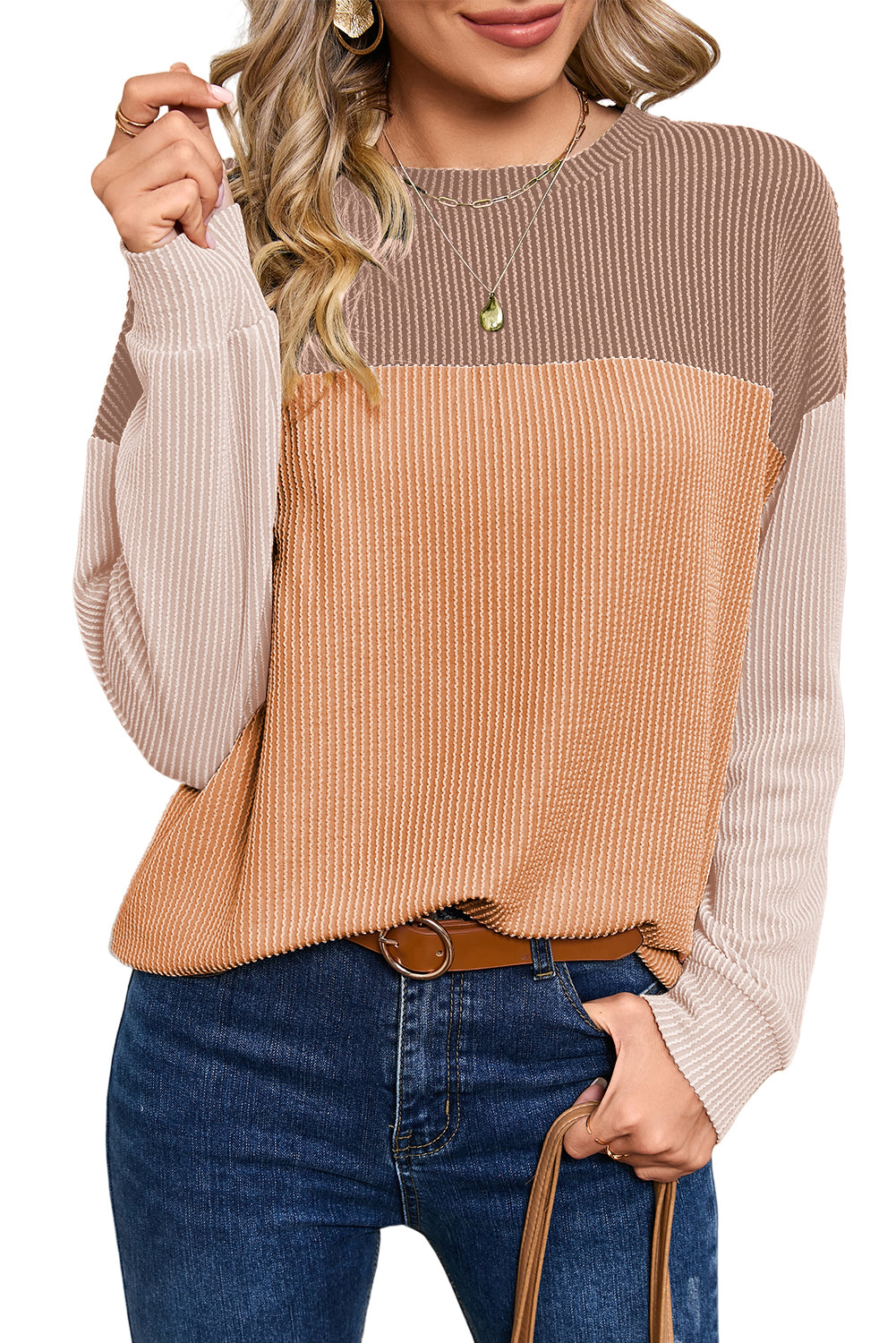 Color Block Ribbed Loose Long Sleeve Top