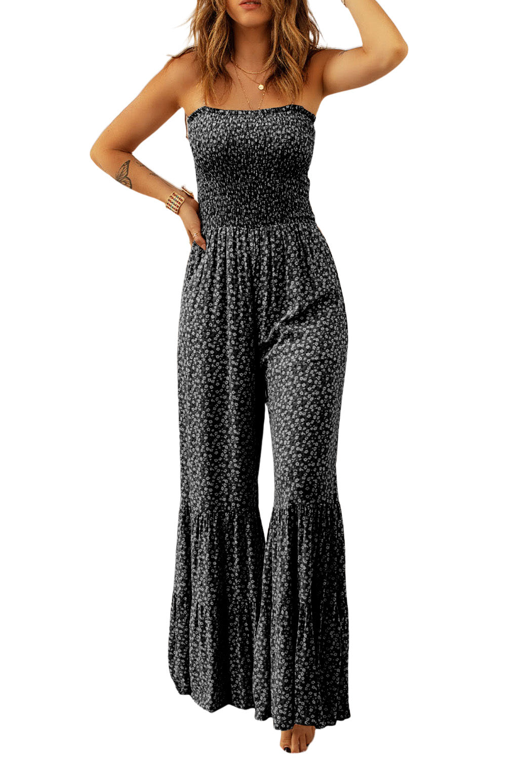 Smocked Bodice Wide Leg Floral Jumpsuit
