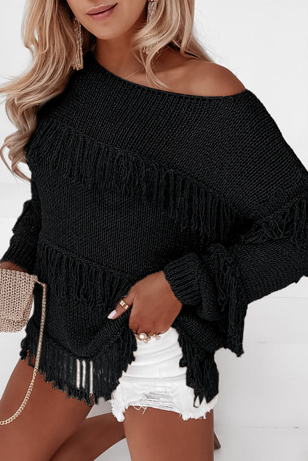 Pink Boho Tasseled Knitted Sweater