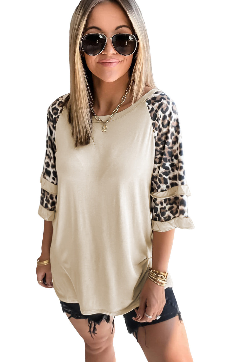 Cheetah Print Tiered Half Sleeve Jewel Neckline Blouse