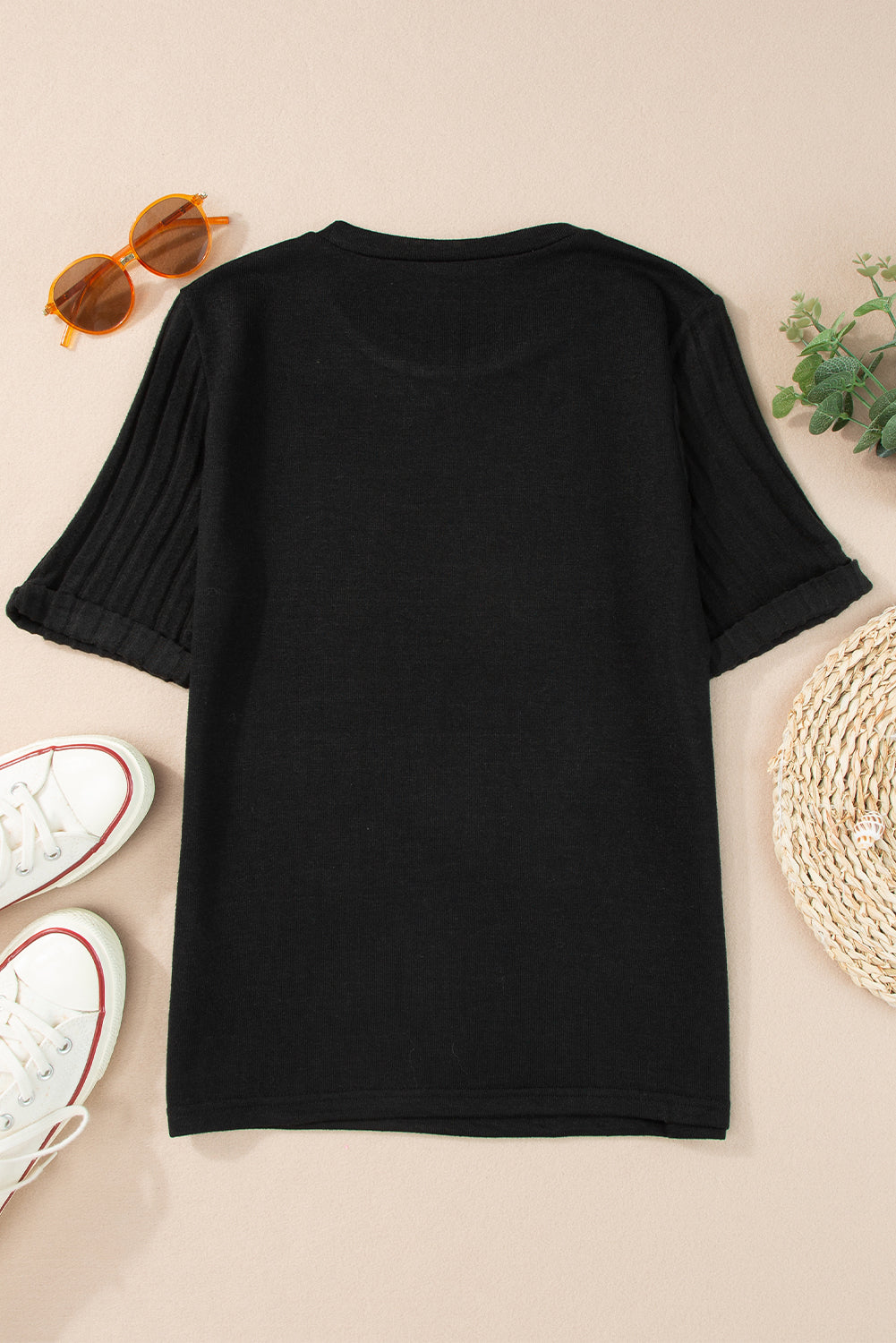 Gray Ribbed Splicing Sleeve Round Neck T-shirt