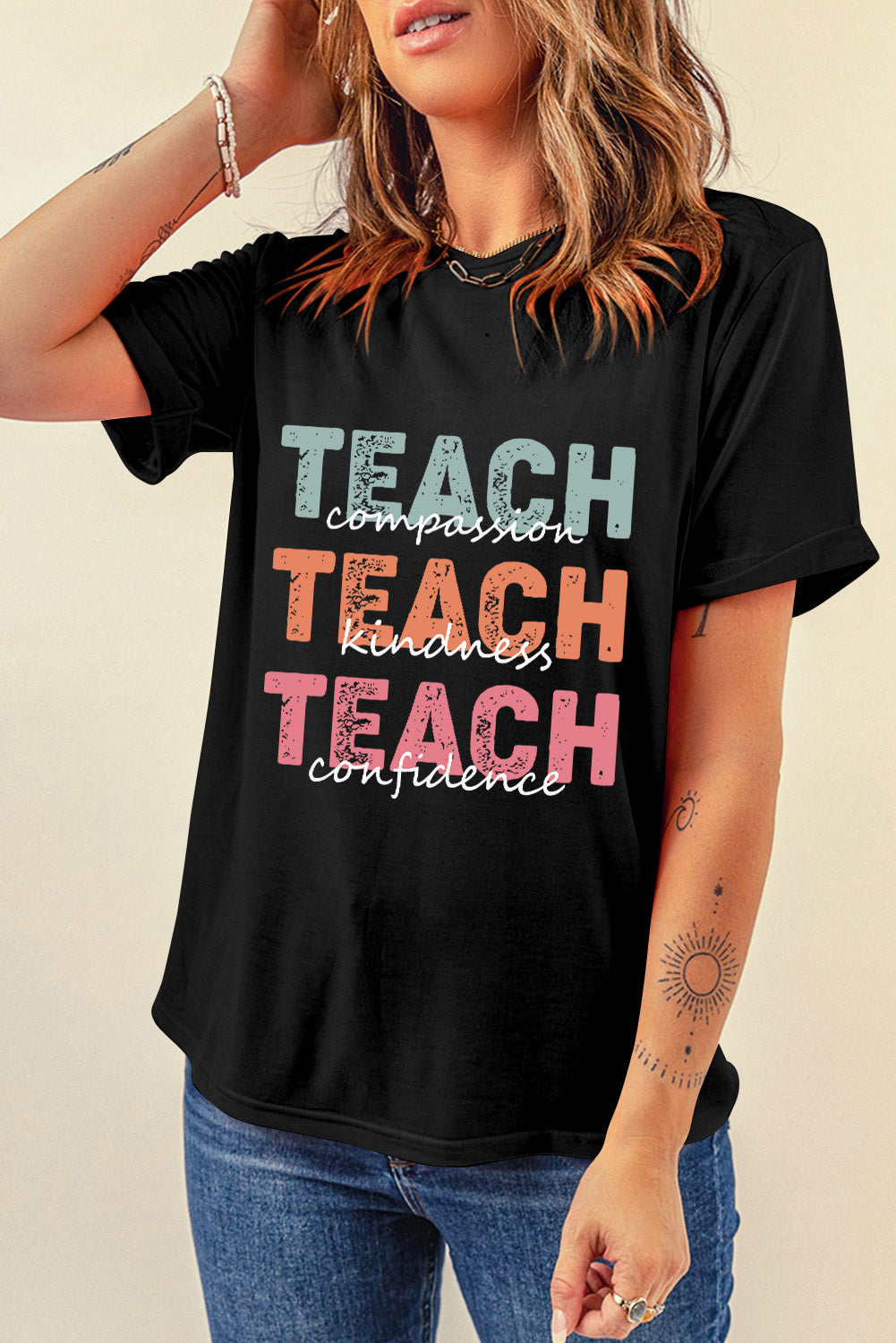 "Teach" Graphic Round Neck Short Sleeve T-Shirt