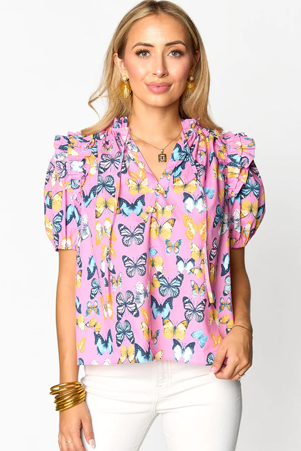Butterfly Print Frill V Neck Puff Sleeve Blouse