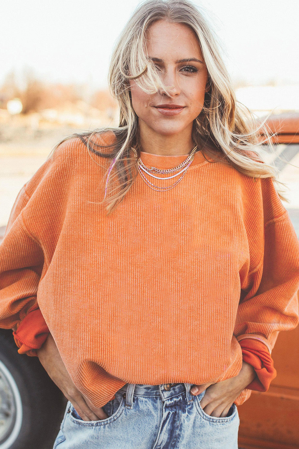 Strawberry Pink Ribbed Corded Oversized Sweatshirt