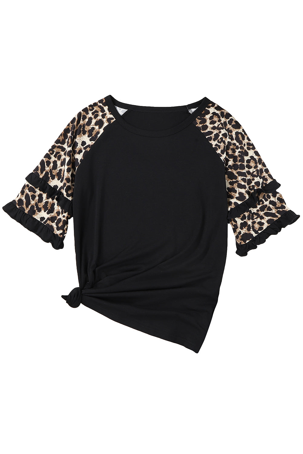 Cheetah Print Tiered Half Sleeve Jewel Neckline Blouse