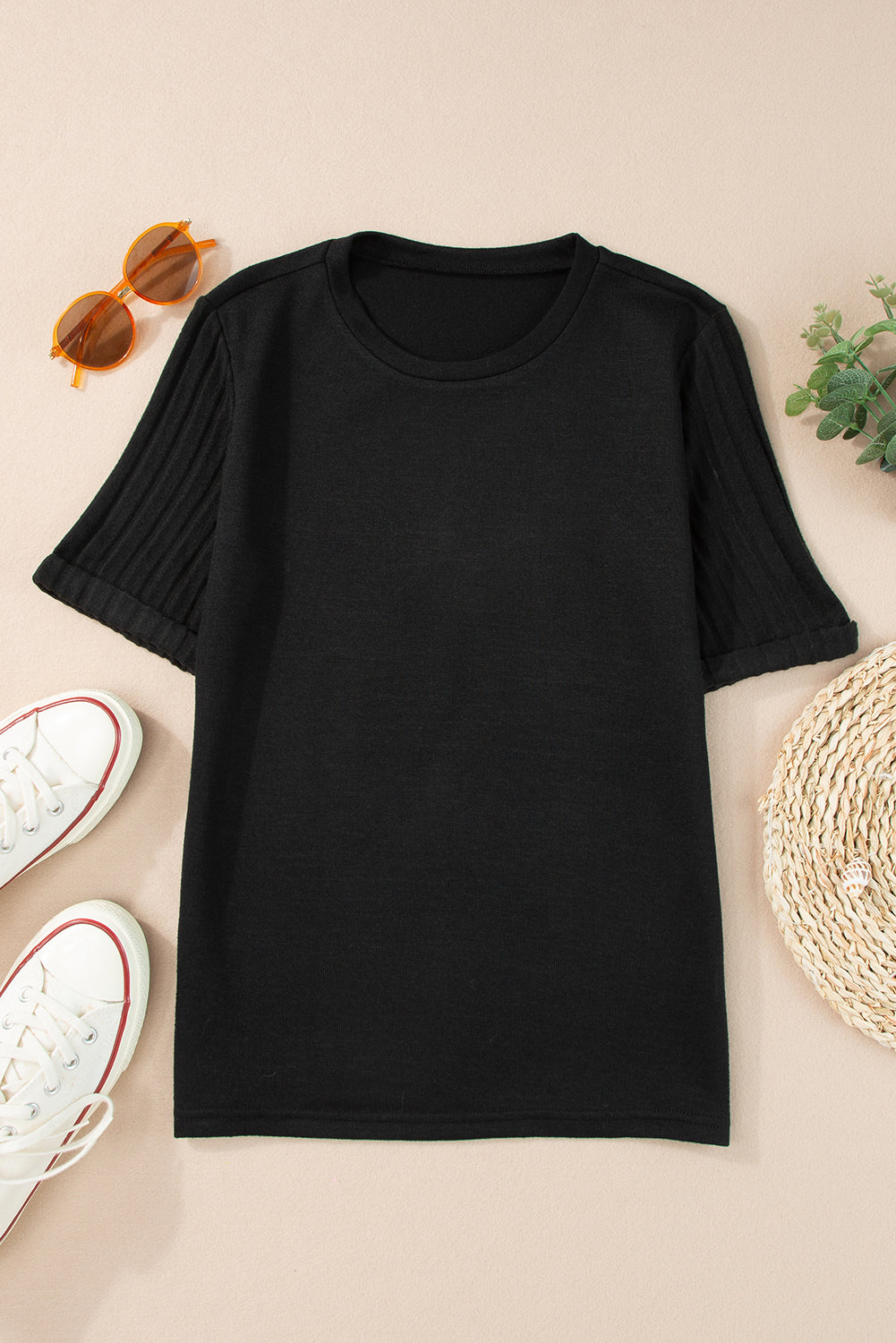 Gray Ribbed Splicing Sleeve Round Neck T-shirt