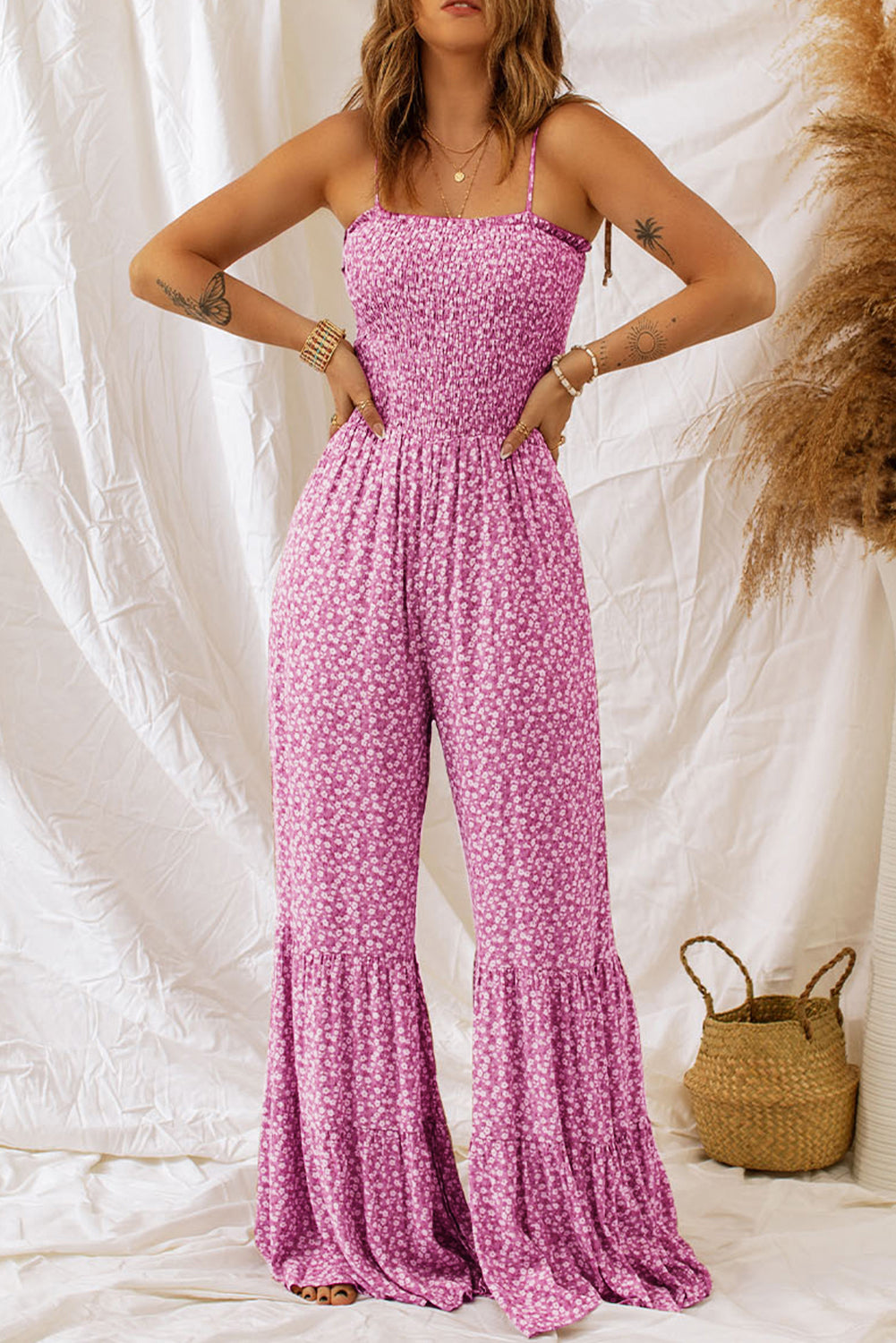 Smocked Bodice Wide Leg Floral Jumpsuit