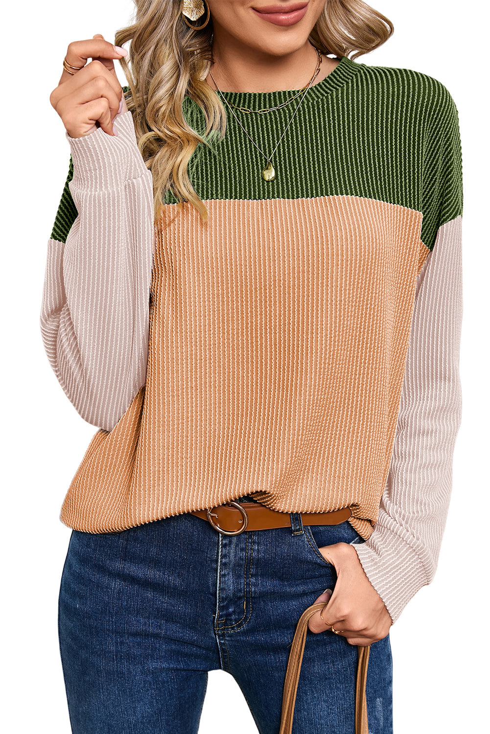 Color Block Ribbed Loose Long Sleeve Top