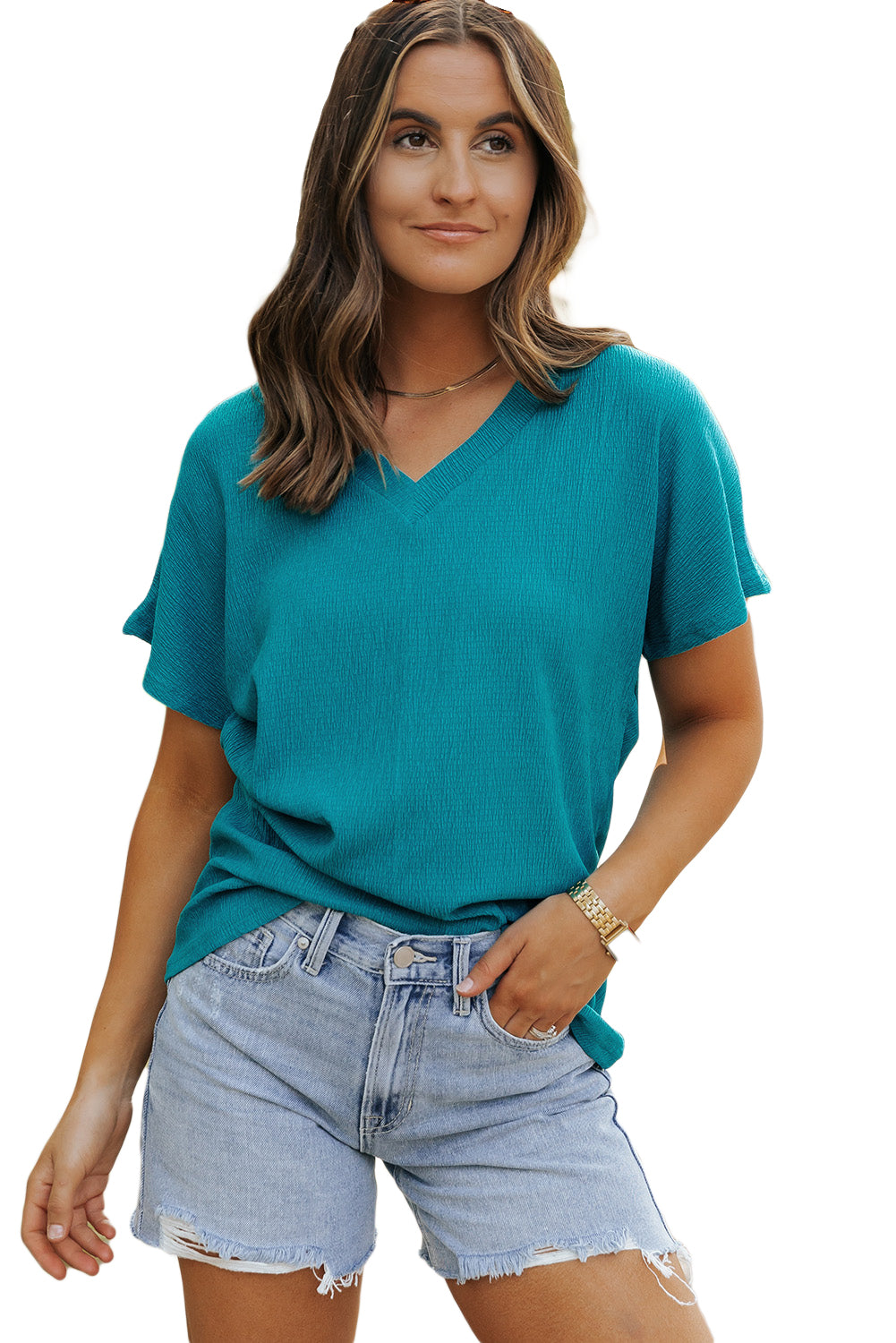 Bright Pink Crinkled V Neck Wide Sleeve T-shirt