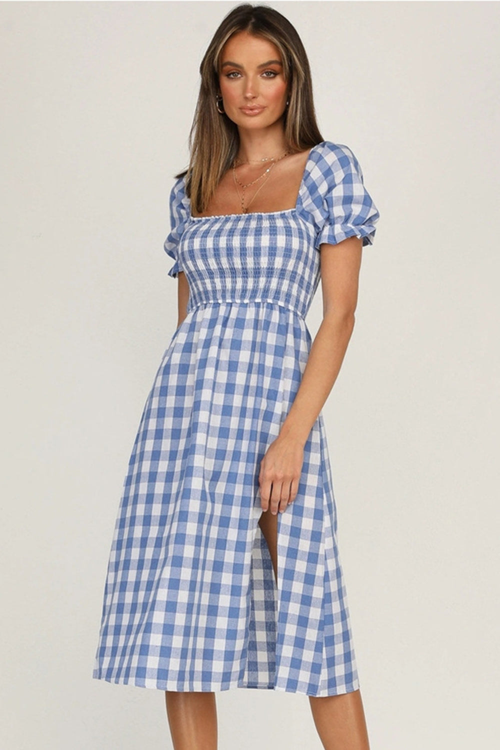 Plaid Short Sleeve Midi Dress
