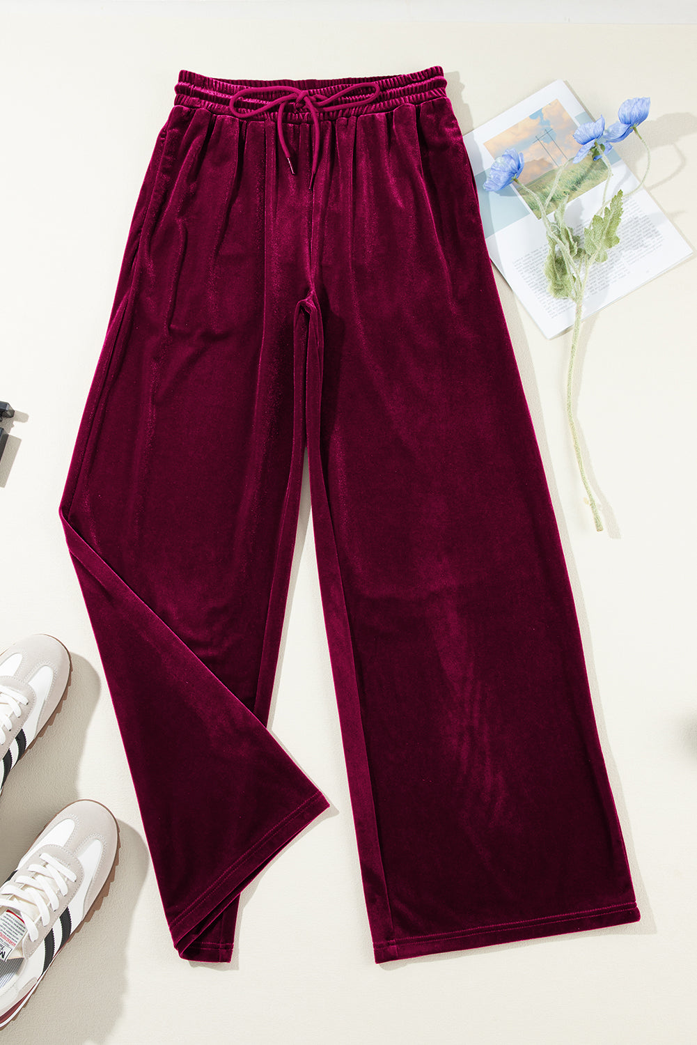 Velvet Drawstring Waist Wide Leg Pants