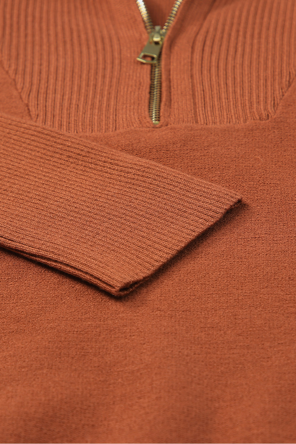 Rose Solid Ribbed Trim Plus Size Zip Collar Sweater