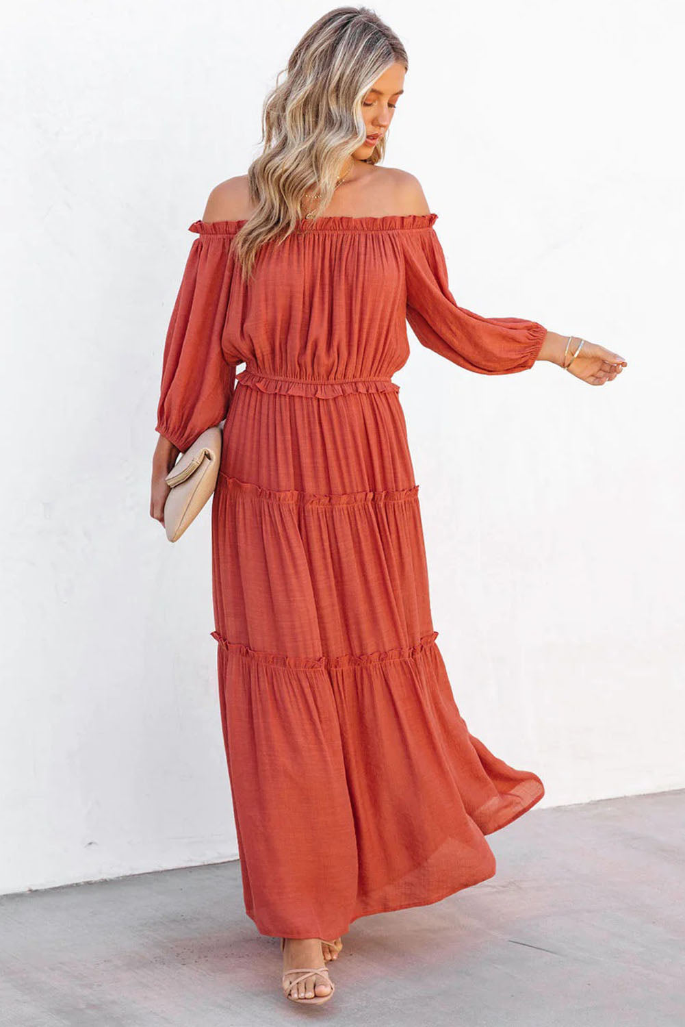 Bare Shoulder Balloon Sleeve Cutout Ruffled Maxi Dress