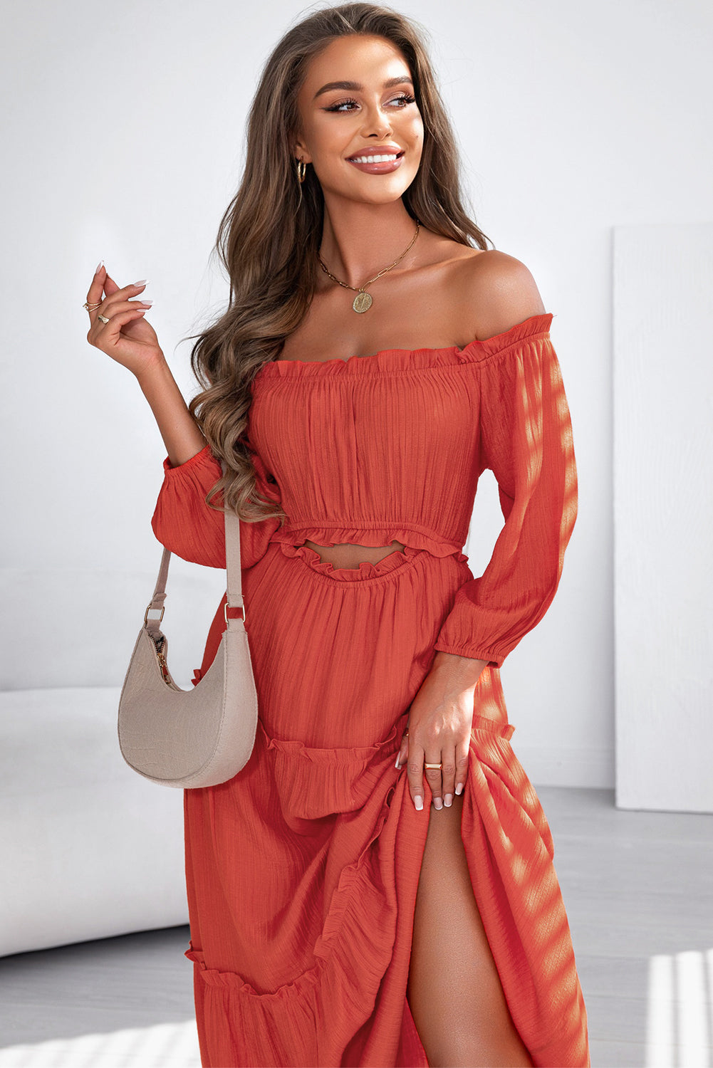 Bare Shoulder Balloon Sleeve Cutout Ruffled Maxi Dress
